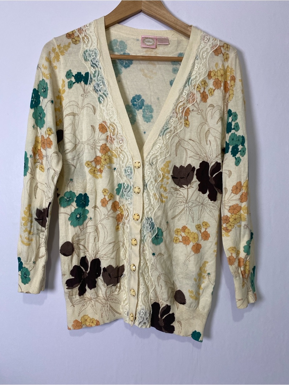 Parfait Floral Knit Cardigan‎ Lace Trim Boho Cottagecore Sweater Large